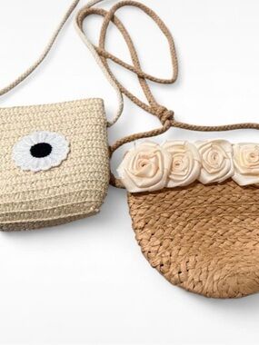 Woven Straw Crossbody Bags with Floral Accent - Cream & Tan